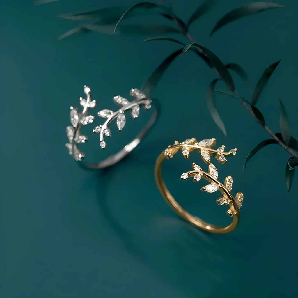 Geometric leaf branch fashion ring for women in electroplated copper with gold or silver finish