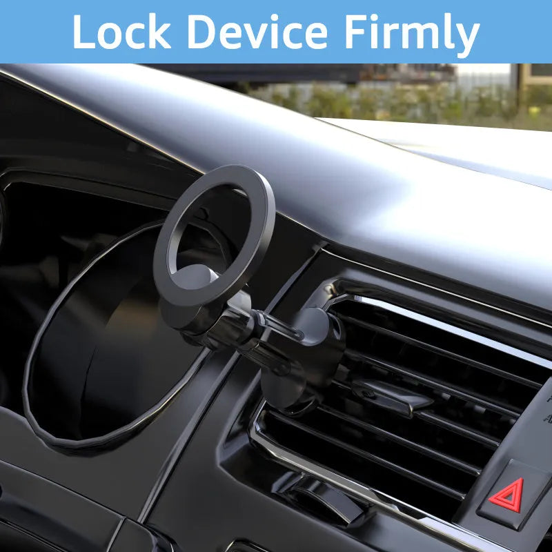 Black magnetic car phone holder with O-ring bracket attached to vehicle air vent holding smartphone