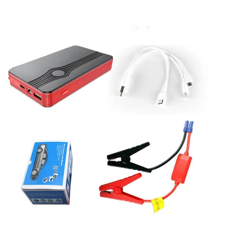 Red K4-E automobile emergency jump starter and power bank unit with data cable.