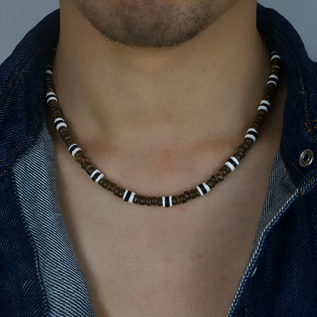 Men tribe ethnic coconut shell necklace with 5mm beads and natural stone, 46cm chain length, tribal style.