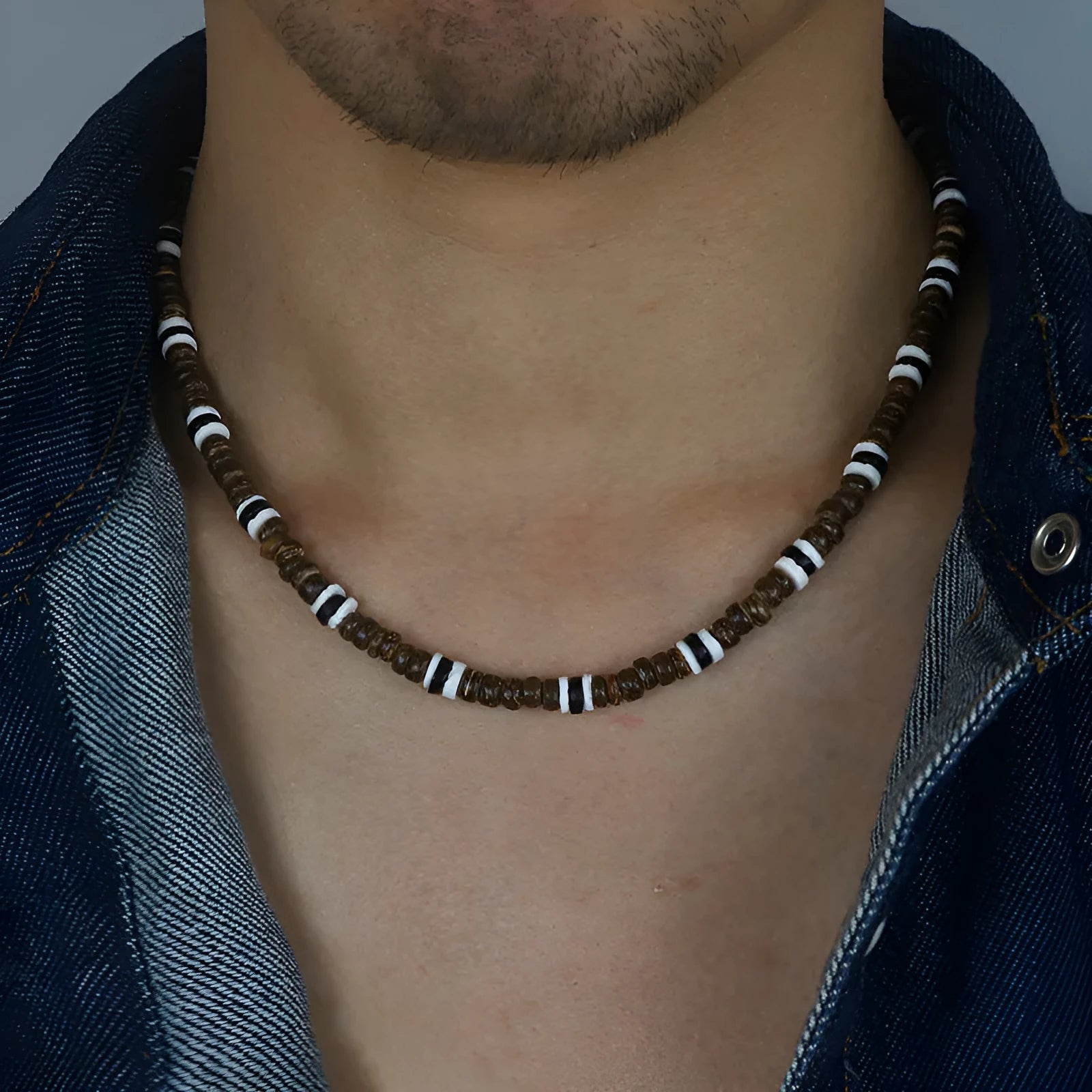 Men tribe ethnic coconut shell necklace with 5mm beads and natural stone, 46cm chain length, tribal style.