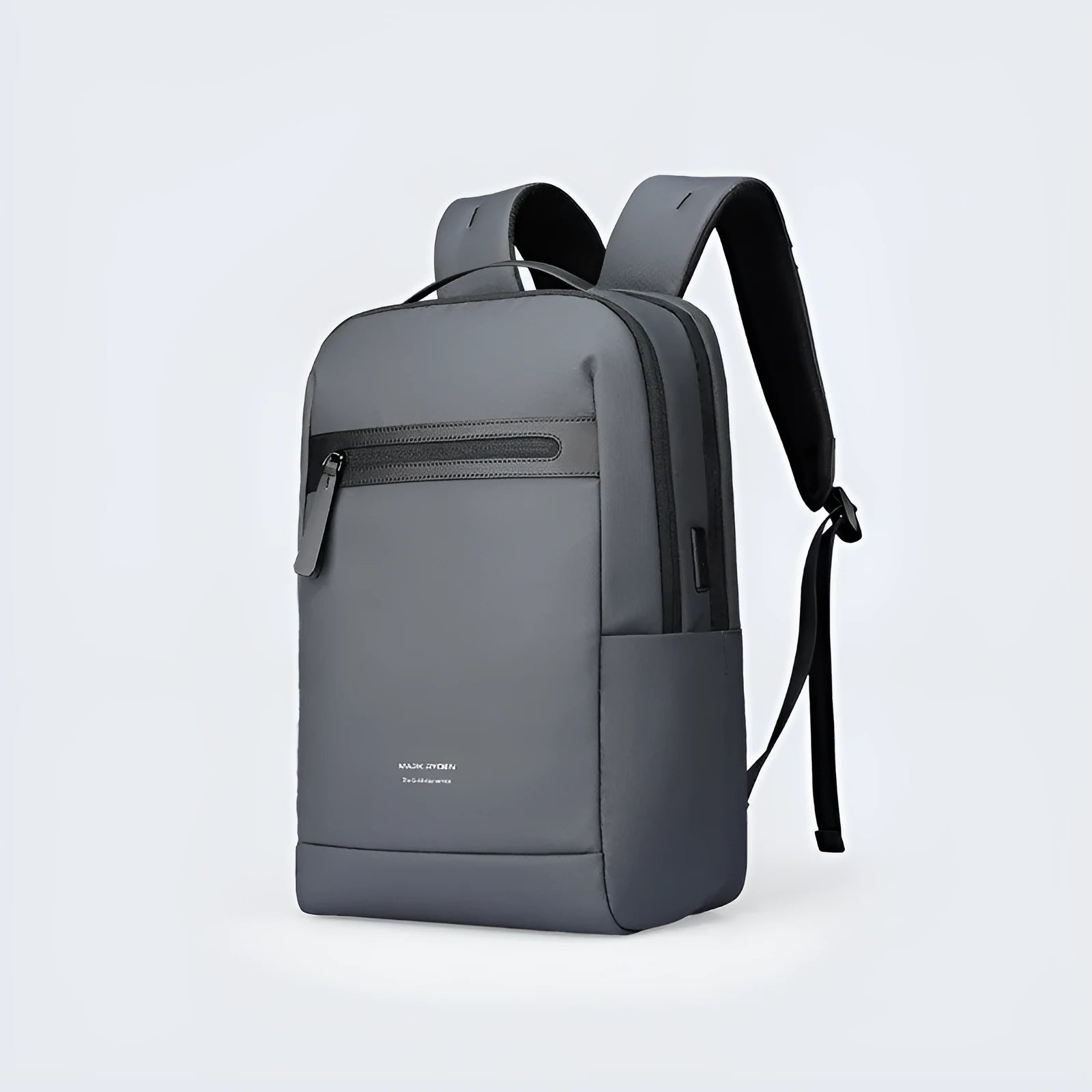 Graphite grey Oxford cloth business backpack with external USB charging port.