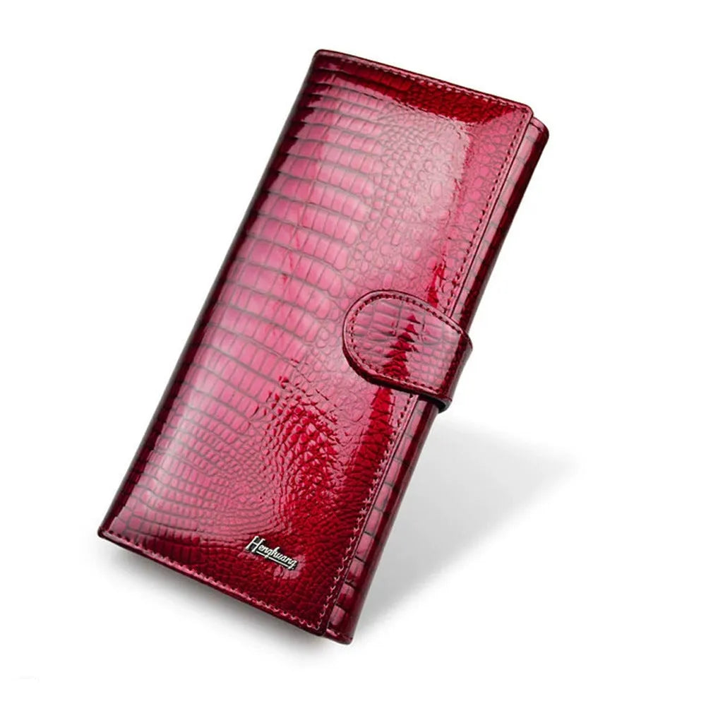 Women's crocodile pattern leather coin purse in wine red with pigskin lining interior