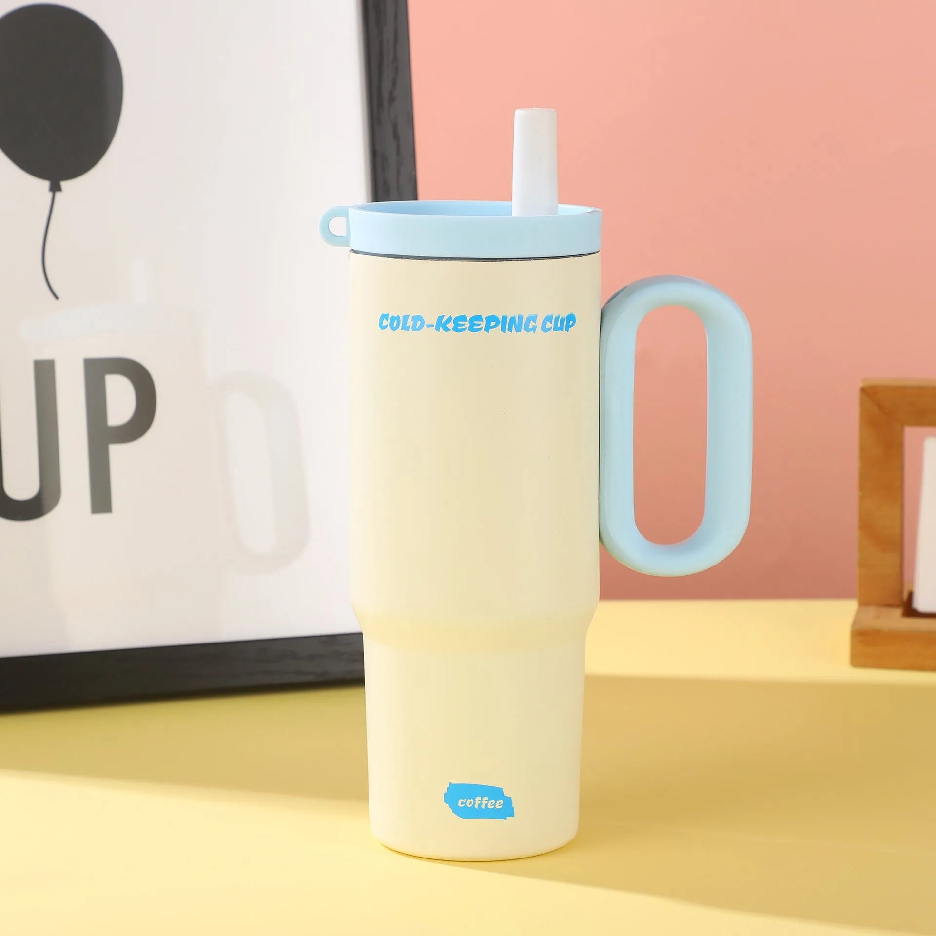 DIY Vitality large insulated straw cup with handle in five colour options: black, pink, sky blue, white, yellow.