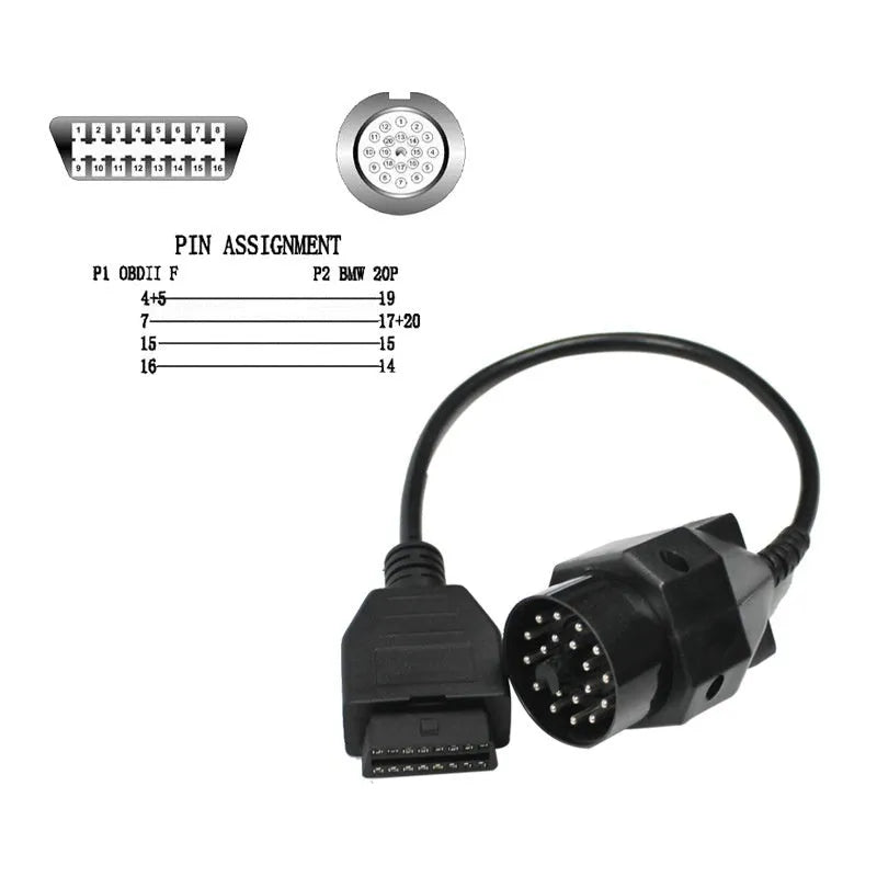 BMW OBD2 diagnostic adapter cable showing 20-pin male and 16-pin female connectors