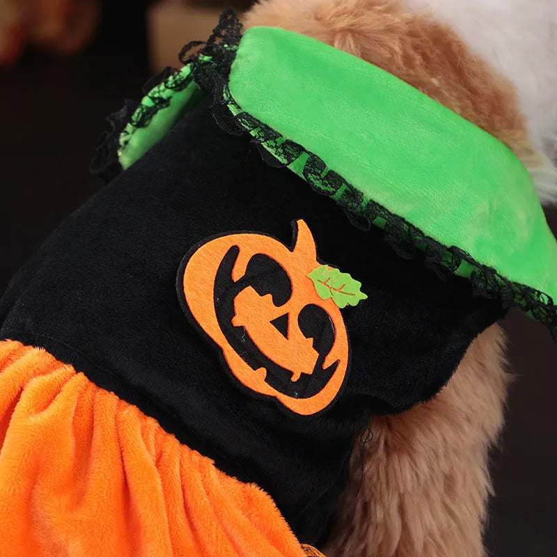 Halloween pumpkin skirt pet costume for small dogs in crystal velvet fabric