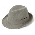 Classic brown suit material fedora hat for men on a grey background.