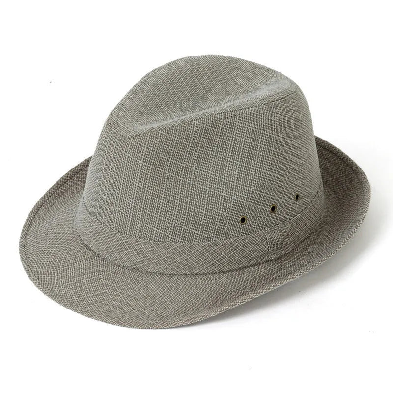 Classic brown suit material fedora hat for men on a grey background.