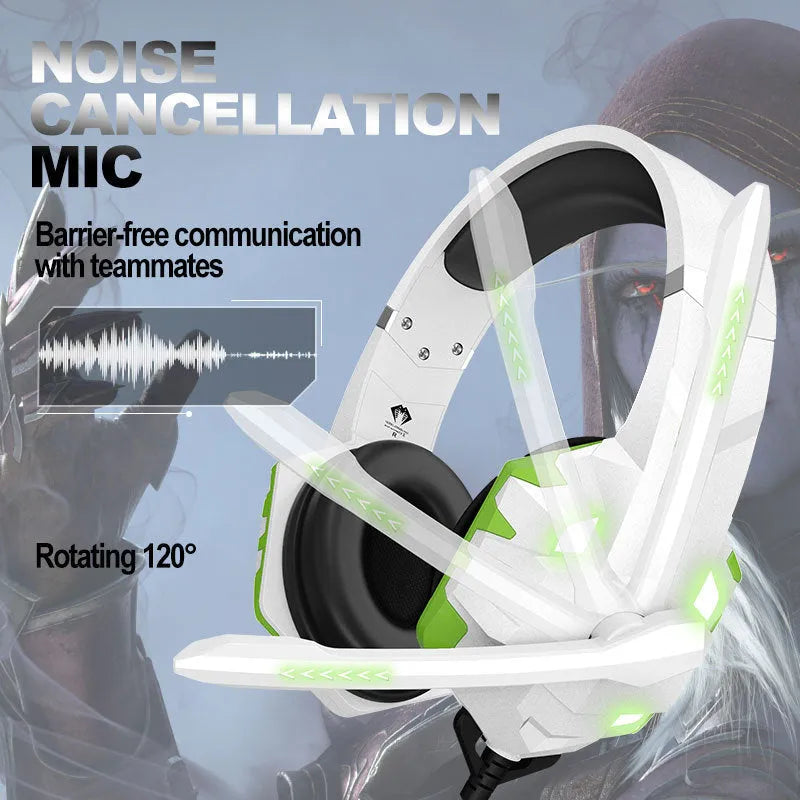 Wired gaming headset with LED breathing lights and microphone in blue, pink, red or white colour