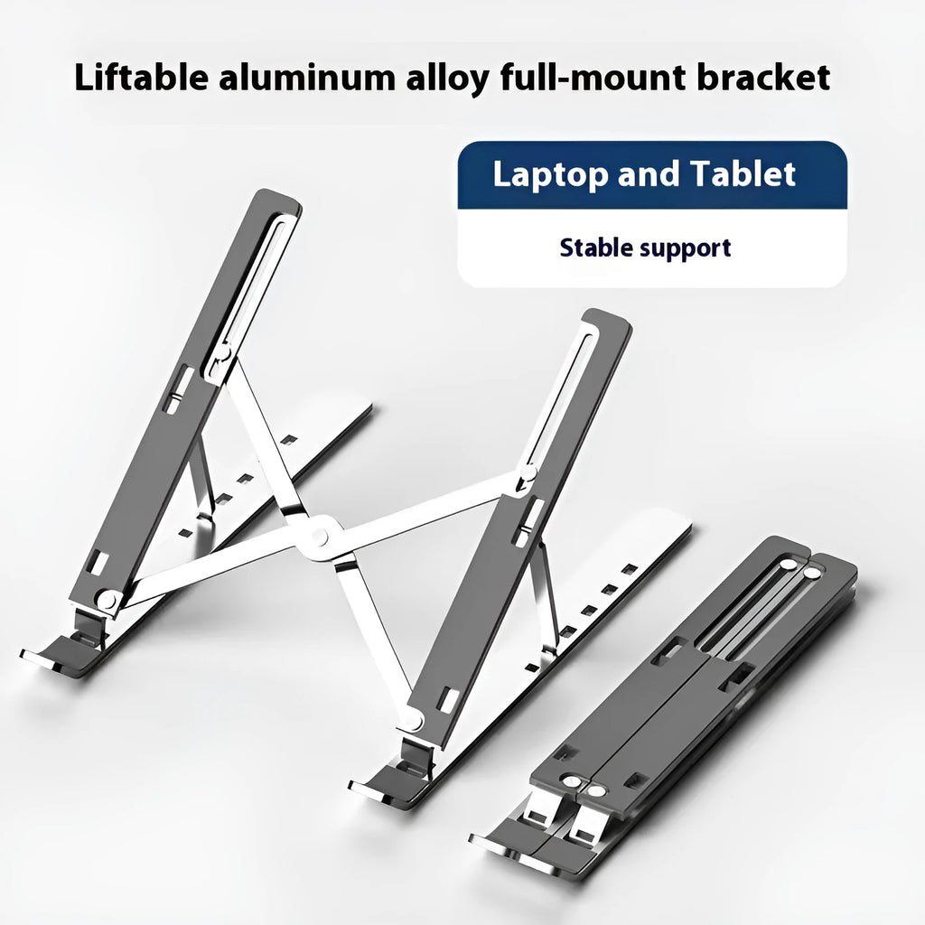 Silver aluminum alloy folding laptop cooling stand on a wooden table