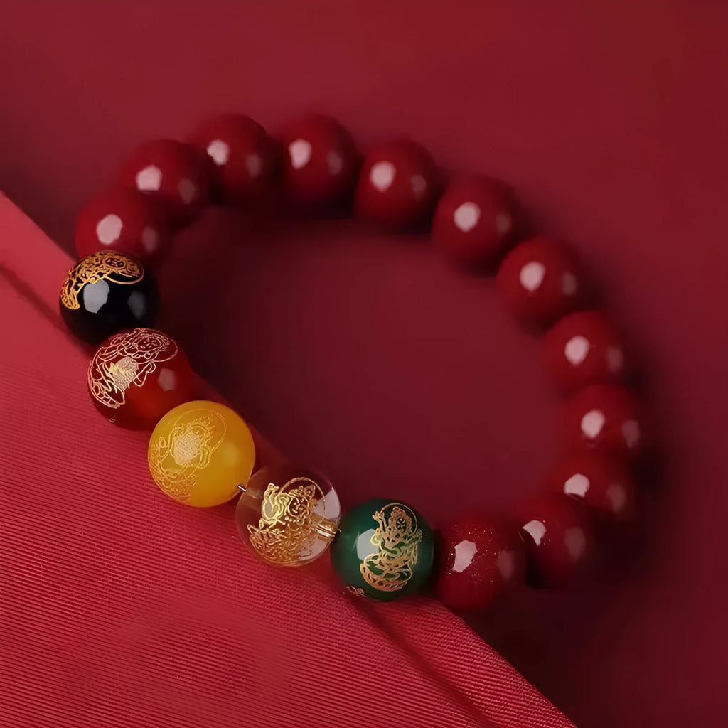 Five Gods of Wealth cinnabar bracelet with natural stone beads and animal carvings