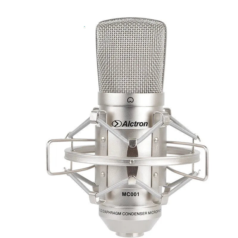 MC001 professional condenser microphone with gold-plated diaphragm, shock mount, and windshield on desk setup