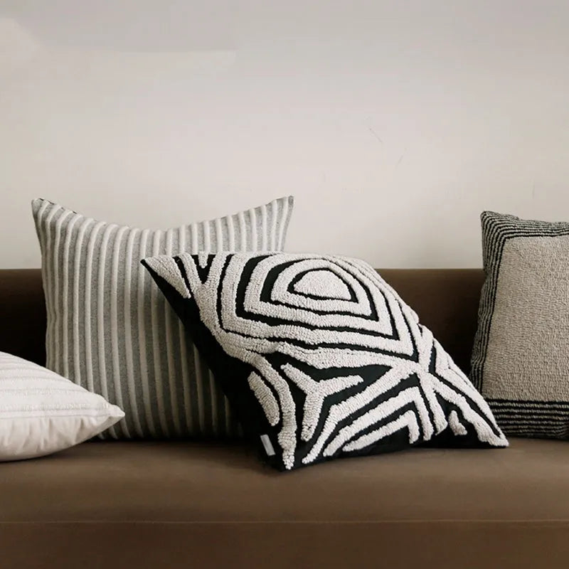Black and white geometric towel embroidery square pillow cover 50x50cm for sofa cushion