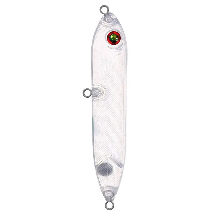 Transparent 9.5cm blank fishing lure body with pre-drilled 7mm eye holes for DIY assembly.