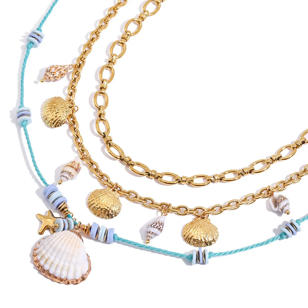 Titanium steel pearl necklace with geometric shell pendant on adjustable chain