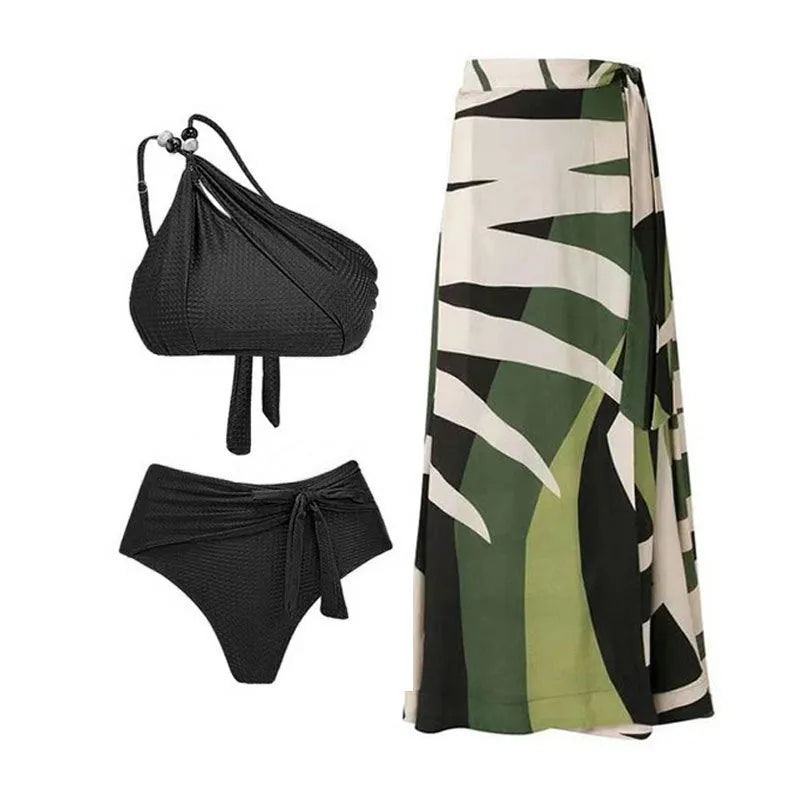 Women's high-waisted push-up bikini with chiffon split skirt in black, brown or green