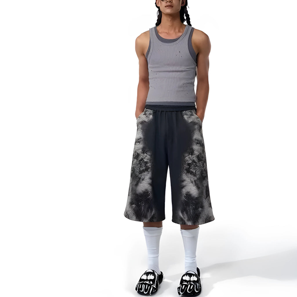 Street trendy printed loose fit co-ord set showing hoodie, trousers and seven-inch pants