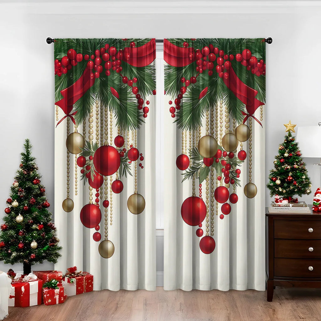 3D digitally printed Christmas curtain panel showing a modern European festive design, made from polyester fabric.