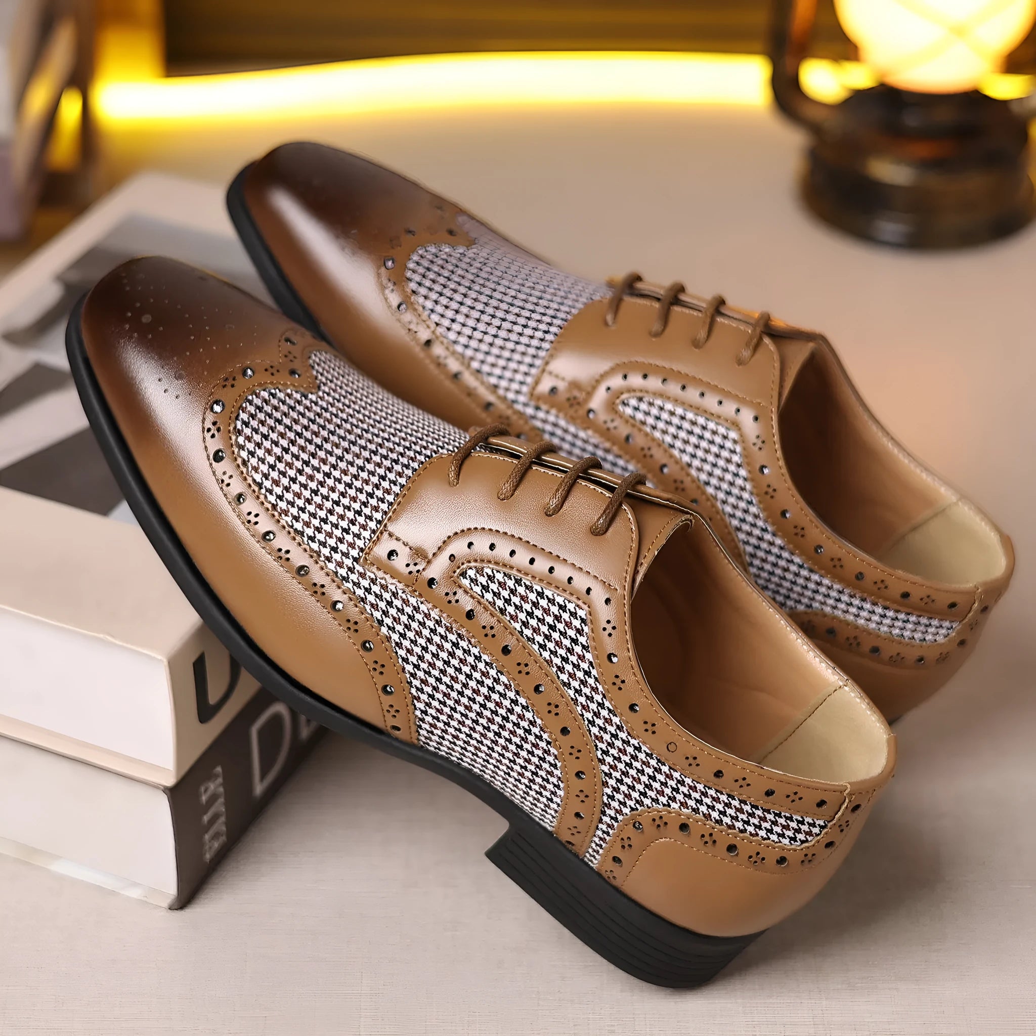 Men's houndstooth plaid casual shoes in black with a square toe and rubber sole.