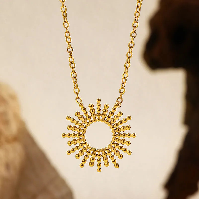 Sunflower-themed women's necklace and bracelet set in yellow gold 14K stainless steel