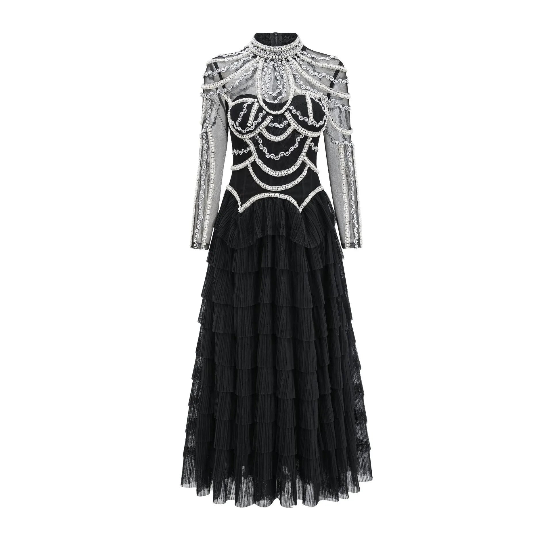 Women's long sleeve black dress with beaded decoration and a full-length skirt.