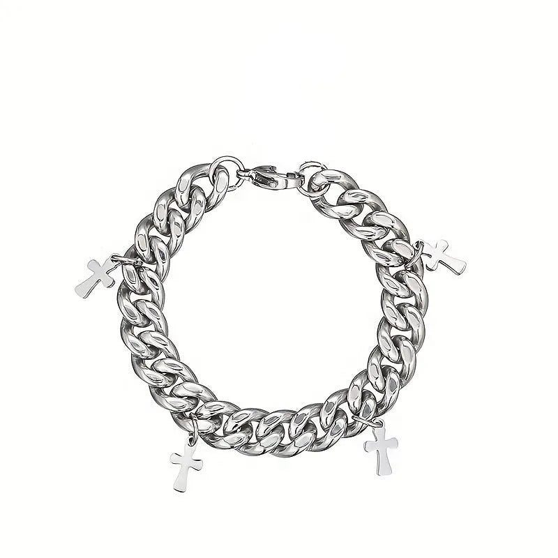 Men's titanium steel bracelet showing geometric cross design on a wrist.
