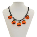 Colourful Halloween necklace showing a cartoon ghost pumpkin pendant on a chain.