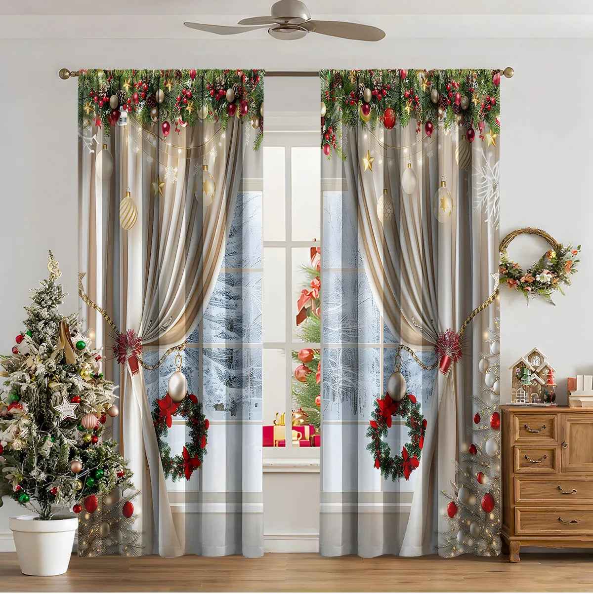 3D digitally printed Christmas curtain panel showing a modern European festive design, made from polyester fabric.