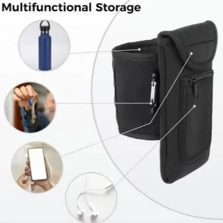 Fitness magnetic cup sleeve covering a large sports bottle with a carabiner clip attached.