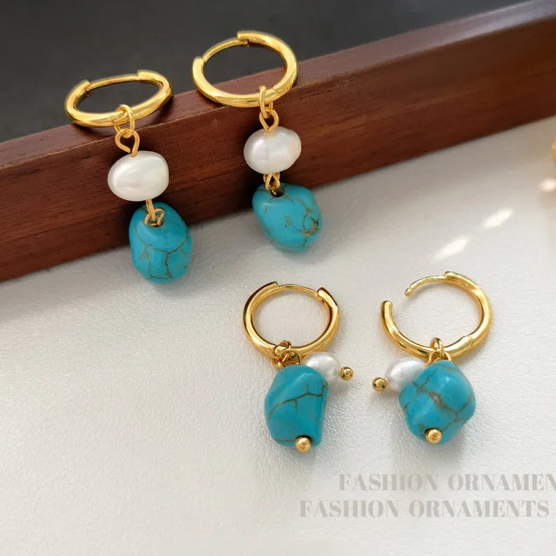 Geometric cultured pearl and turquoise ear clip earrings showing both short and dangle styles