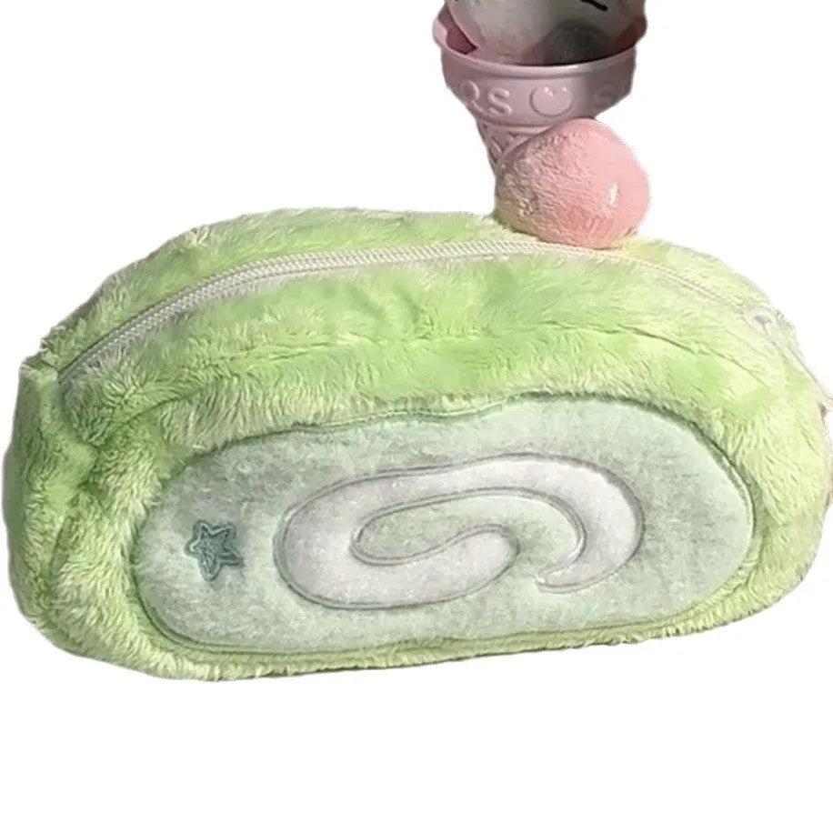 Cream and pink Swiss roll cake design velvet pencil case roll organiser.