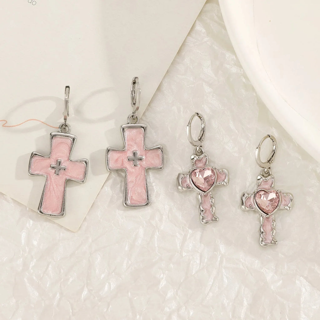 Women's classic alloy earrings with cross and heart motifs and dripping oil finish