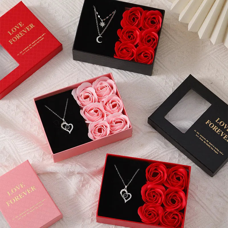 Korean style red soap flower gift set in box with handbag, six sculpted flowers inside.