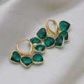 Green heart-shaped glass pendant ear clip earrings with alloy inlay in Korean style for women.