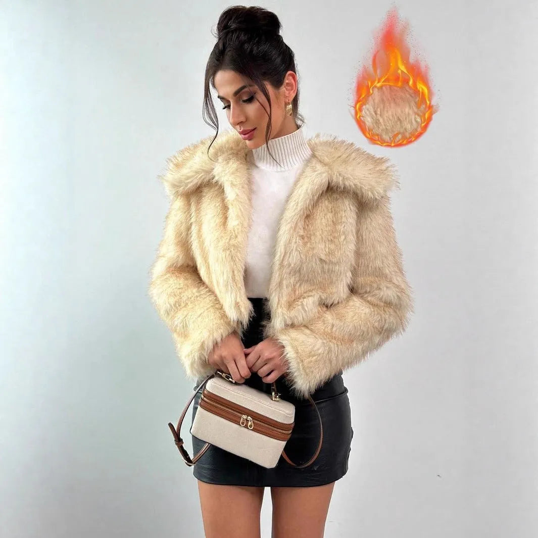 Artificial fur coat with fur collar in multiple colour options including black tip and Maojian tea patterns