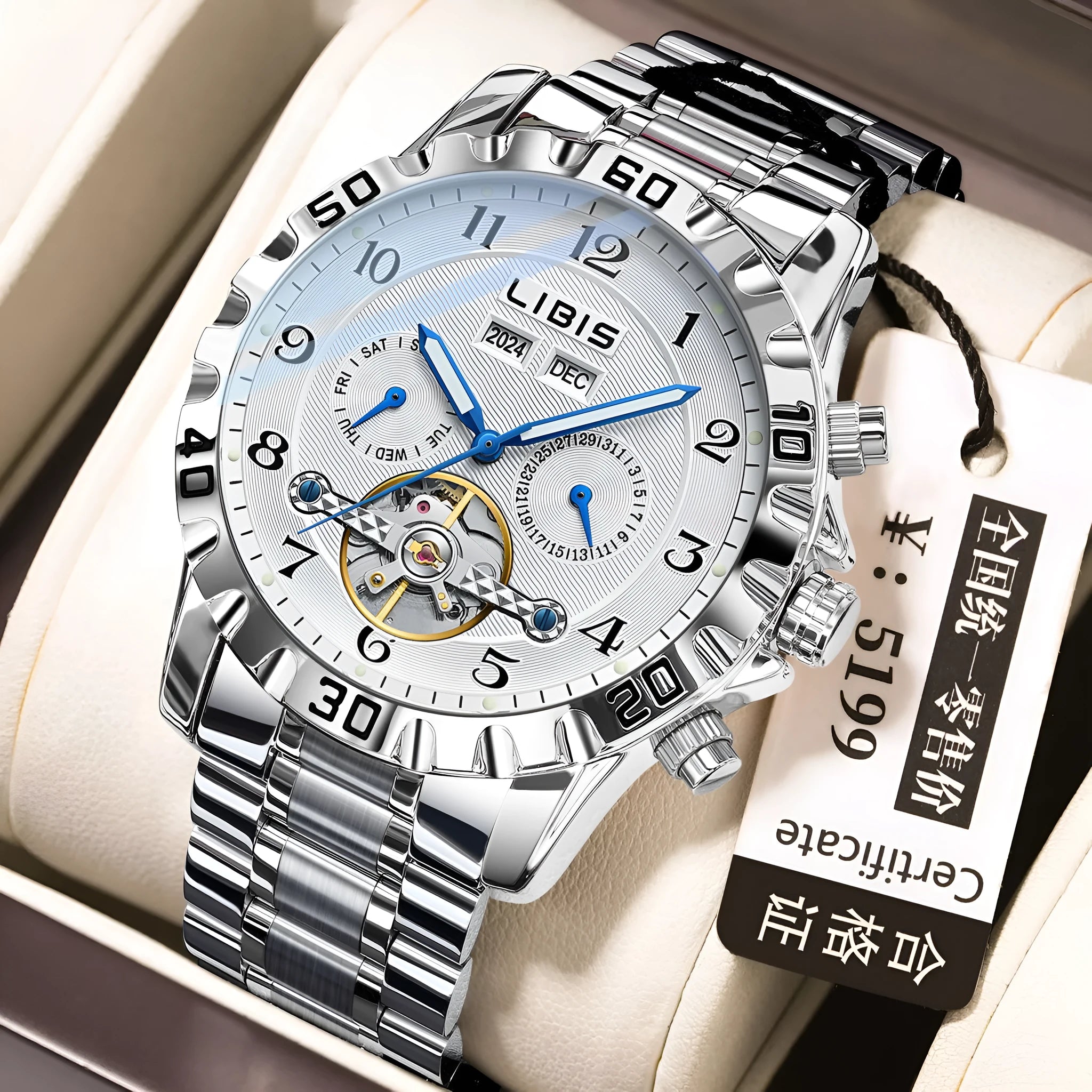 Men's silver automatic perpetual calendar watch with stainless steel strap and sapphire crystal glass