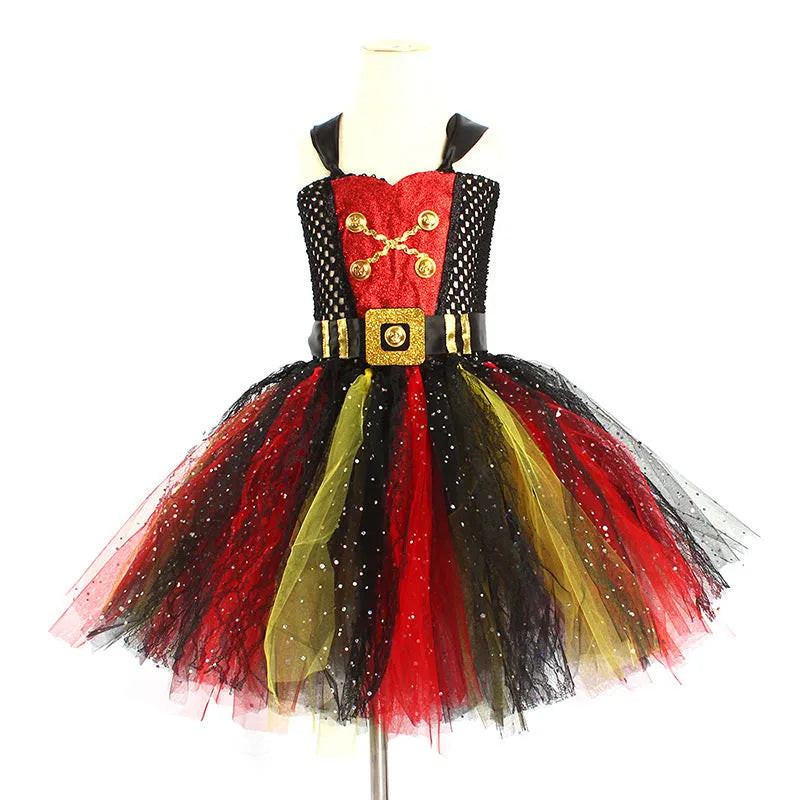 Halloween pirate costume dress for girls with sequins, gauze mesh, and lace trim, Pirates of the Caribbean themed.