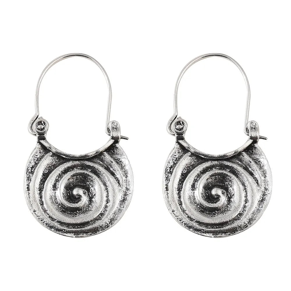 Simple geometric gypsy curved drop earrings in ancient silver zinc alloy, front view