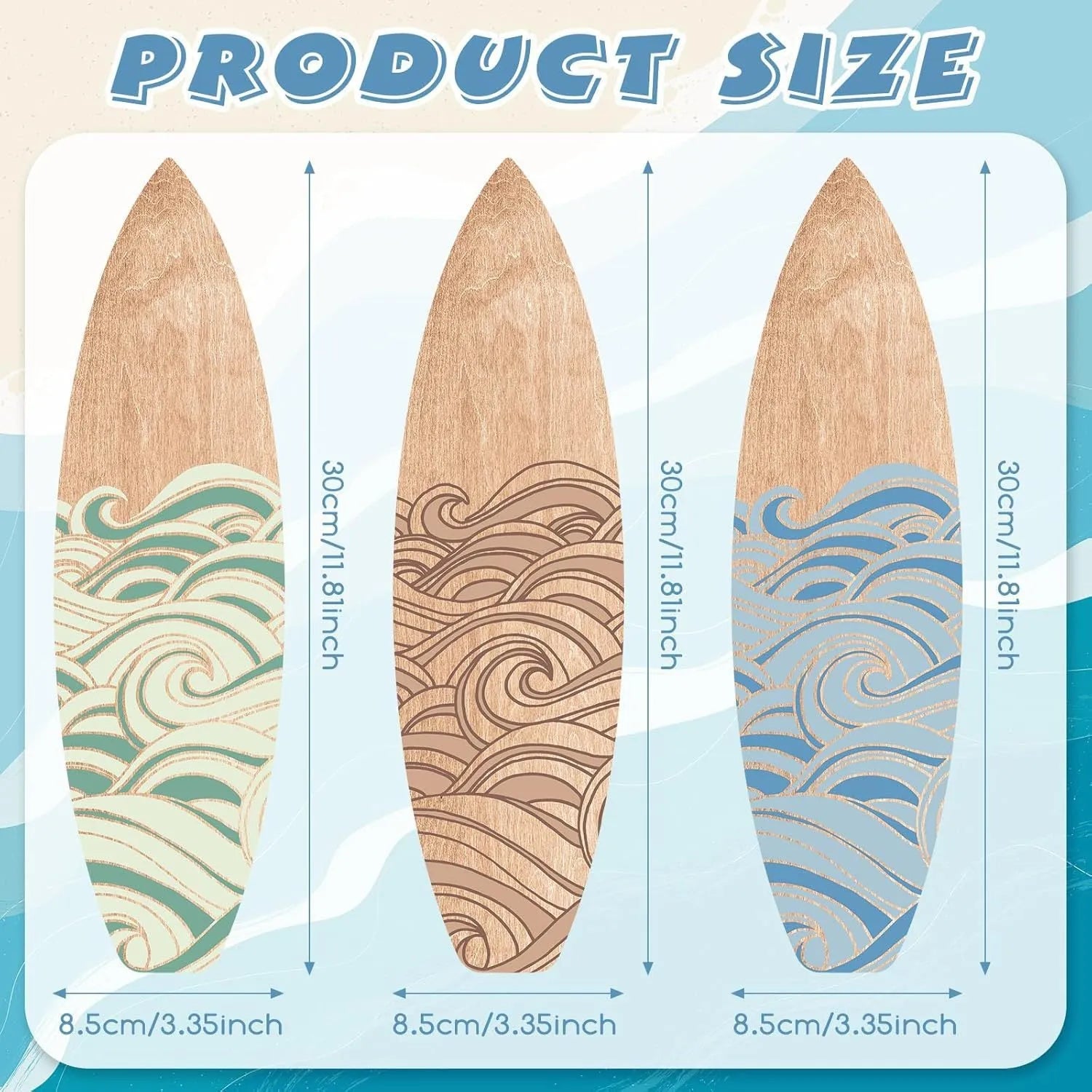 Three wooden surfboard wall decorations with European coastal design carved from boxwood