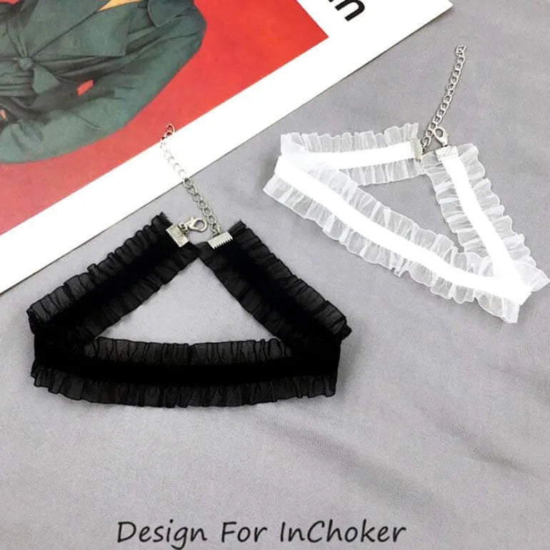 Alloy clavicle necklace with velvet ruffled flower pendant and snake bones chain in black, light coffee, or white.