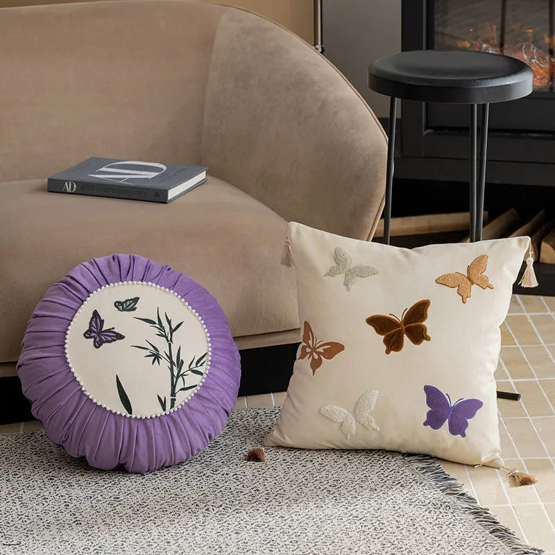 Chinese style couch pillow with butterfly embroidery in beige, black or purple colour, 45x45cm size