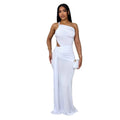 Women's solid colour one-shoulder pleated long dress in milk silk polyester on a model.