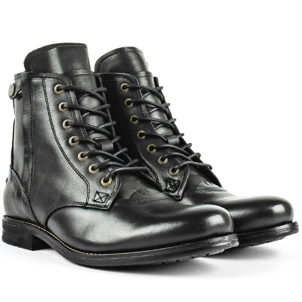 Men's black and brown Knight Series leather boots with side zip and low heel