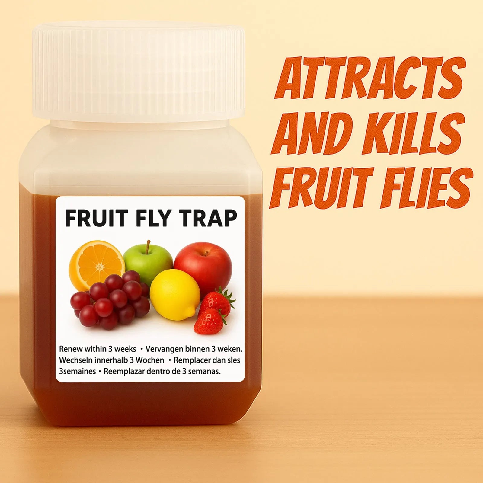 Clear plastic bottle of fruit fly trapper bait liquid with labelling showing specifications