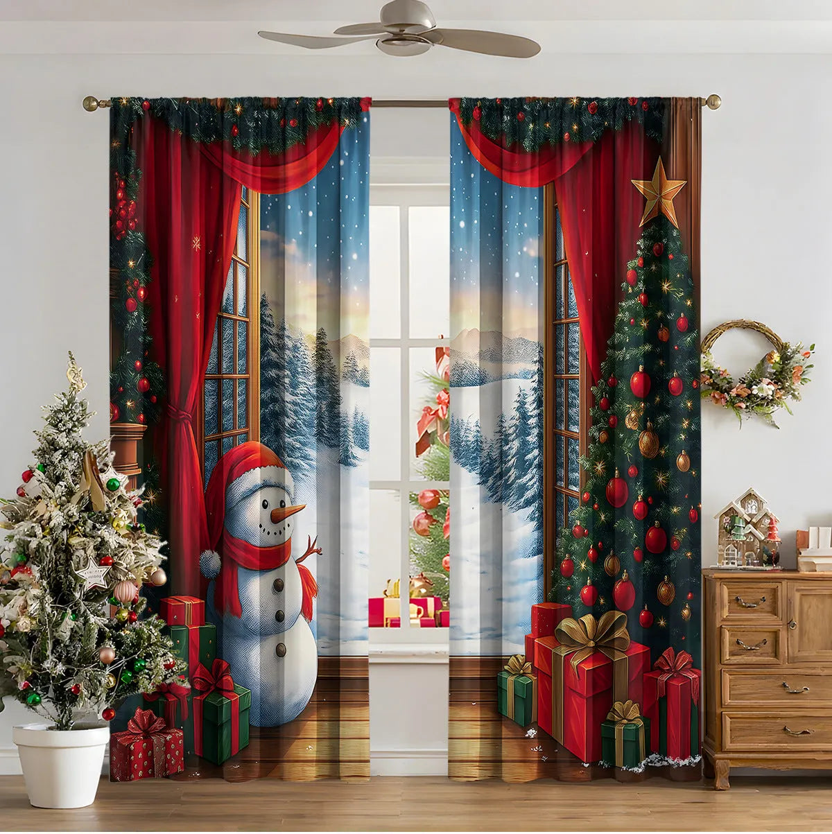 3D digitally printed Christmas curtain panel showing a modern European festive design, made from polyester fabric.