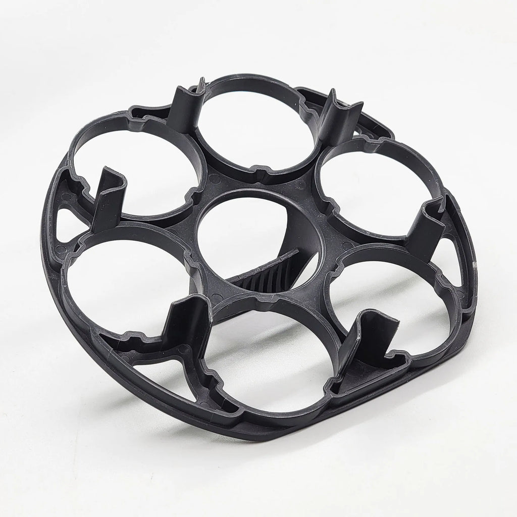 A black plastic egg holder rack for kitchen cooking machine storage, shown with dimensions.