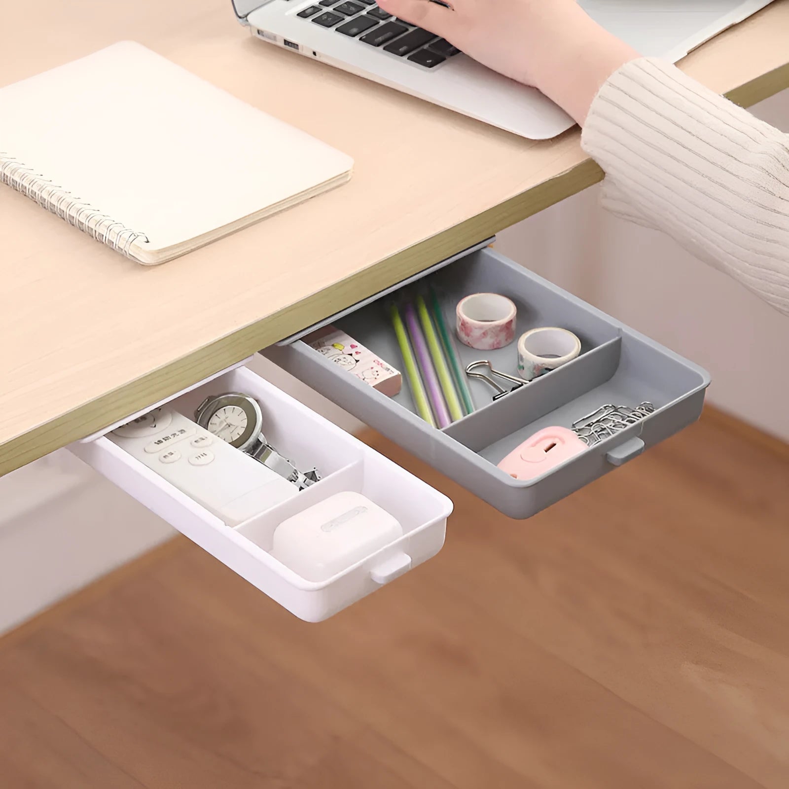 Plastic storage box with grid cover for adhesive mounting under tables