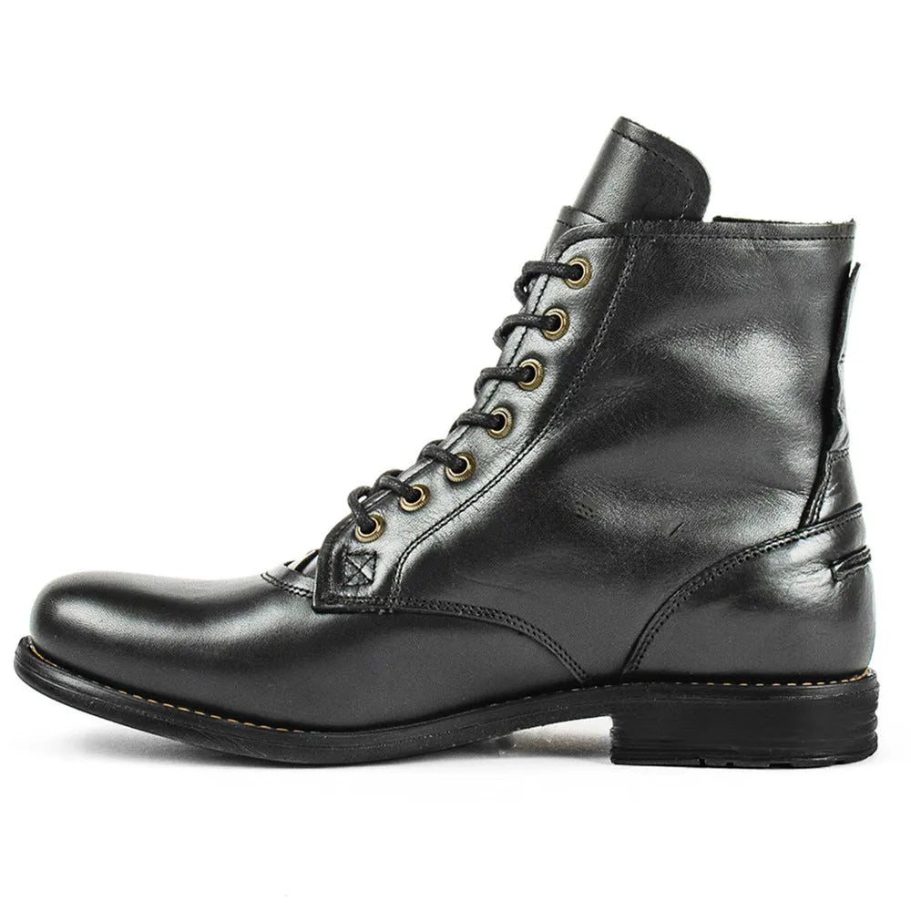 Men's black and brown Knight Series leather boots with side zip and low heel