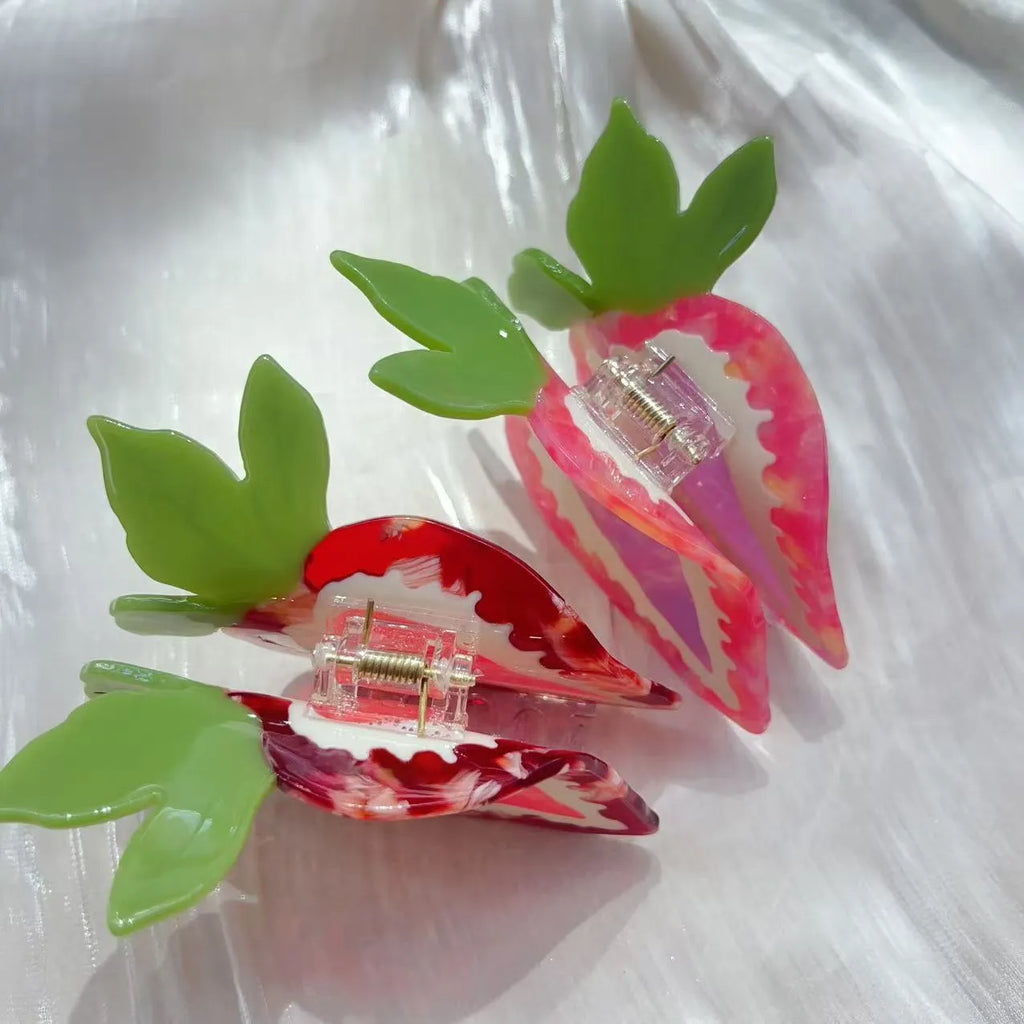 Hand-made red strawberry shaped resin hair clip with green leaf and metal clip for girls.