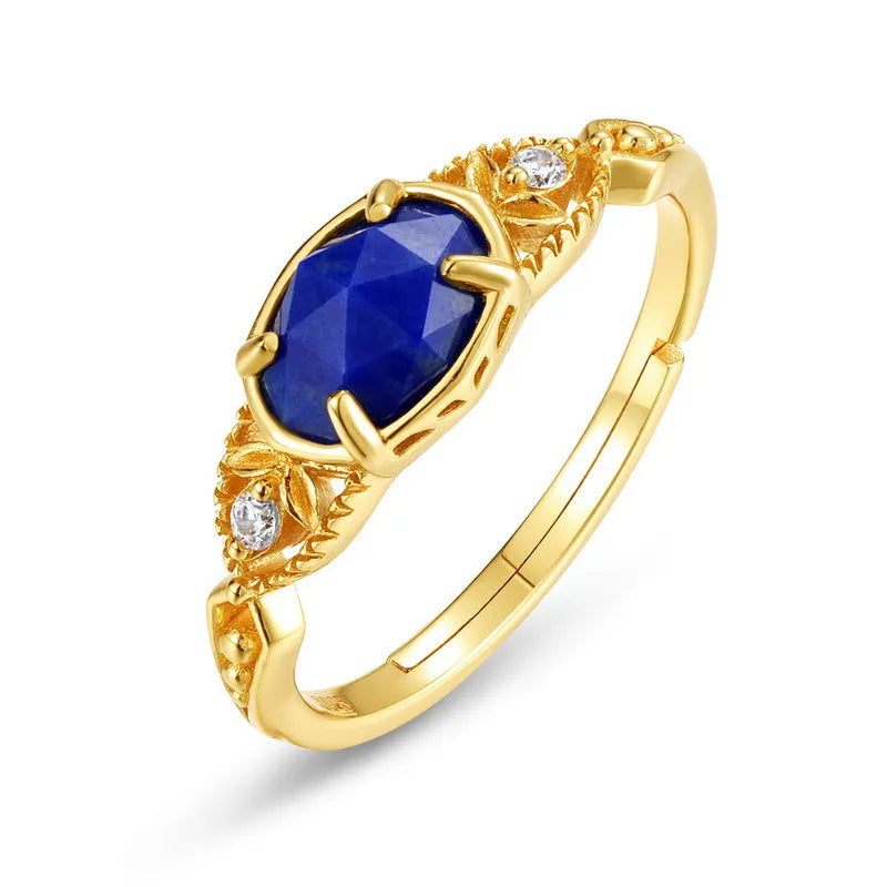 Silver alloy geometric oval ring with lapis lazuli blue stone and round decorative elements